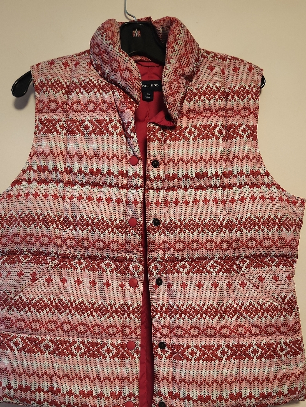 Lands' End Pink and White Fair Isle Goosedown Puffer Vest Size M